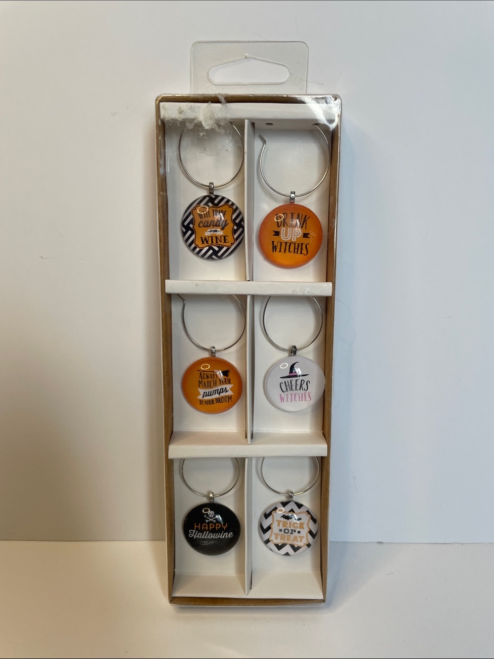 NIB Halloween Themed Wine Glass Charms - Orange, Black, White Set of 6